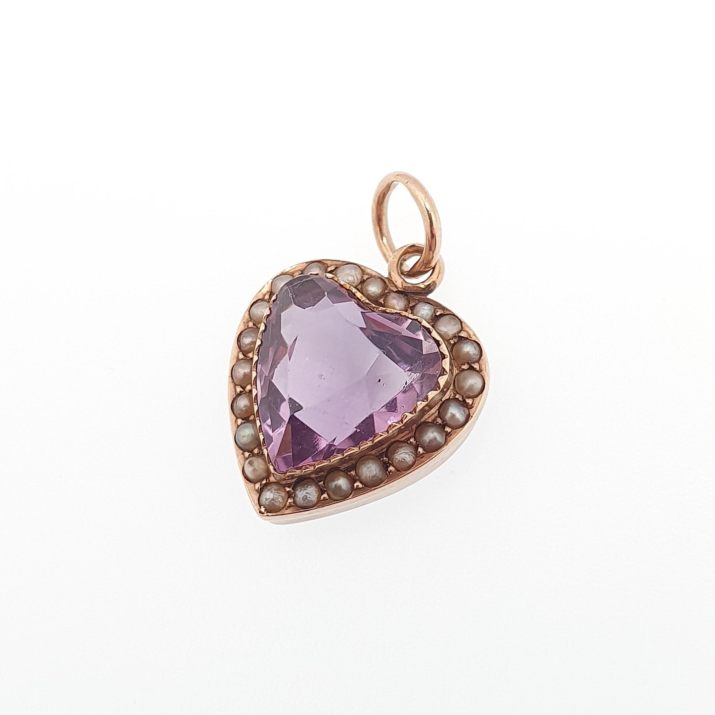 Antique Victorian 9ct Gold Amethyst Heart Pendant Seed Pearl Necklace Puffer Heart Cut Solid 9k 375 9kt Jewelry Jewellery