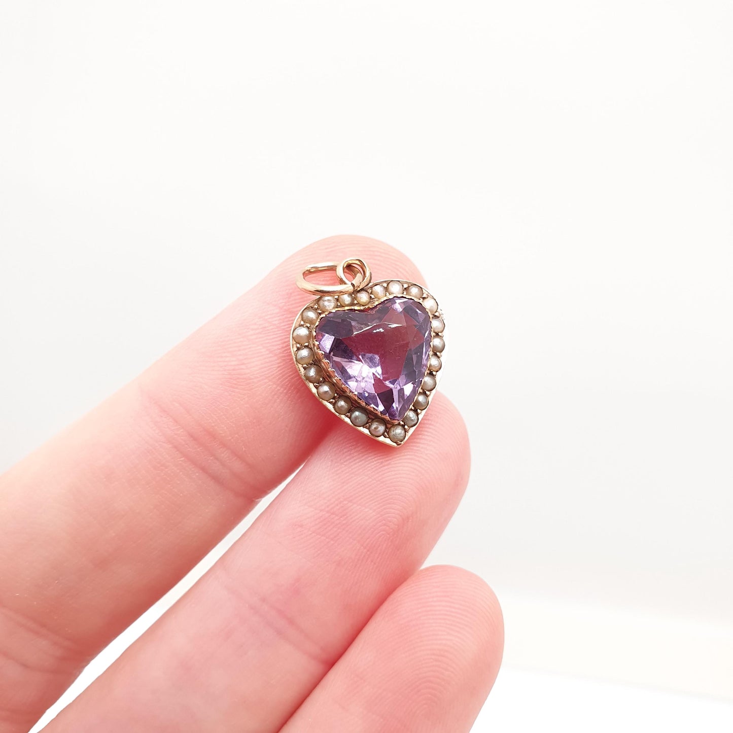Antique Victorian 9ct Gold Amethyst Heart Pendant Seed Pearl Necklace Puffer Heart Cut Solid 9k 375 9kt Jewelry Jewellery