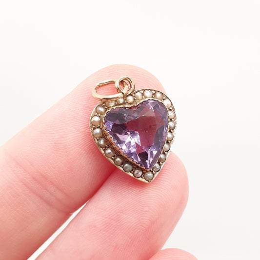 Antique Victorian 9ct Gold Amethyst Heart Pendant Seed Pearl Necklace Puffer Heart Cut Solid 9k 375 9kt Jewelry Jewellery