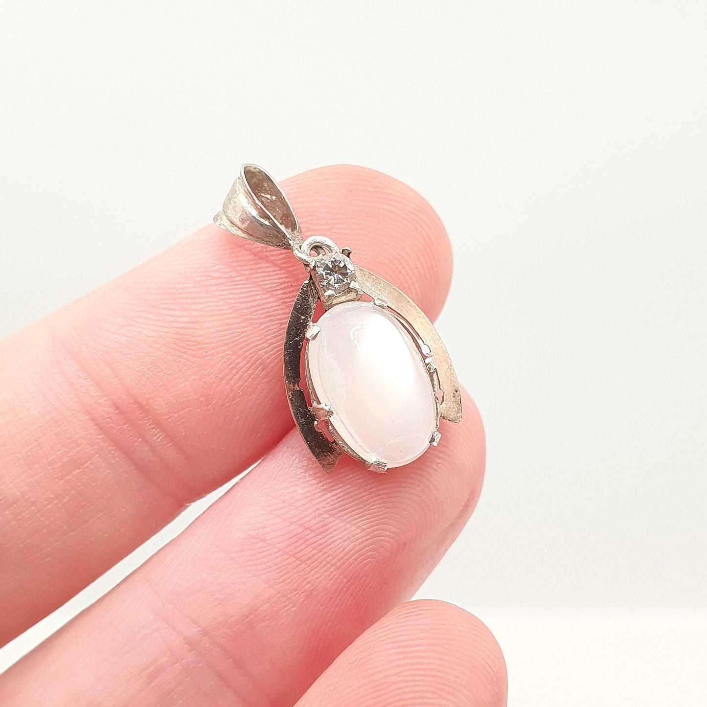 Antique Solid Silver Moonstone Wishbone Necklace Pendant Victorian Diamond Paste White Adularescence Jewelry Jewellery