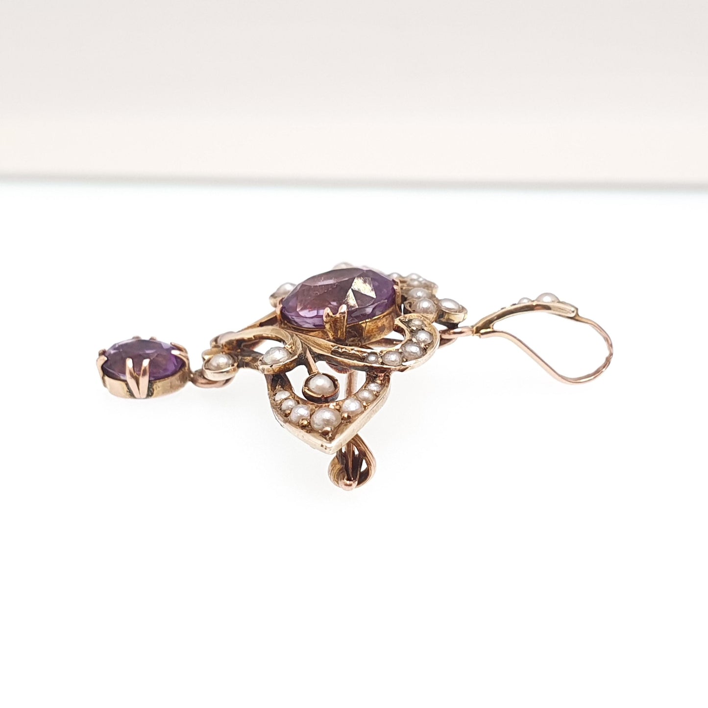 Antique 9ct 9k Gold Amethyst Pendant Seed Pearl Necklace Brooch Edwardian Solid 375 Openwork Vintage Jewellery Jewelry