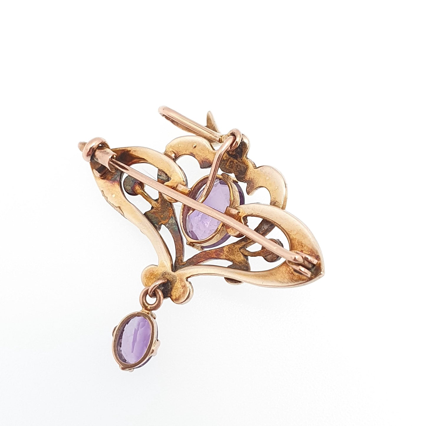 Antique 9ct 9k Gold Amethyst Pendant Seed Pearl Necklace Brooch Edwardian Solid 375 Openwork Vintage Jewellery Jewelry