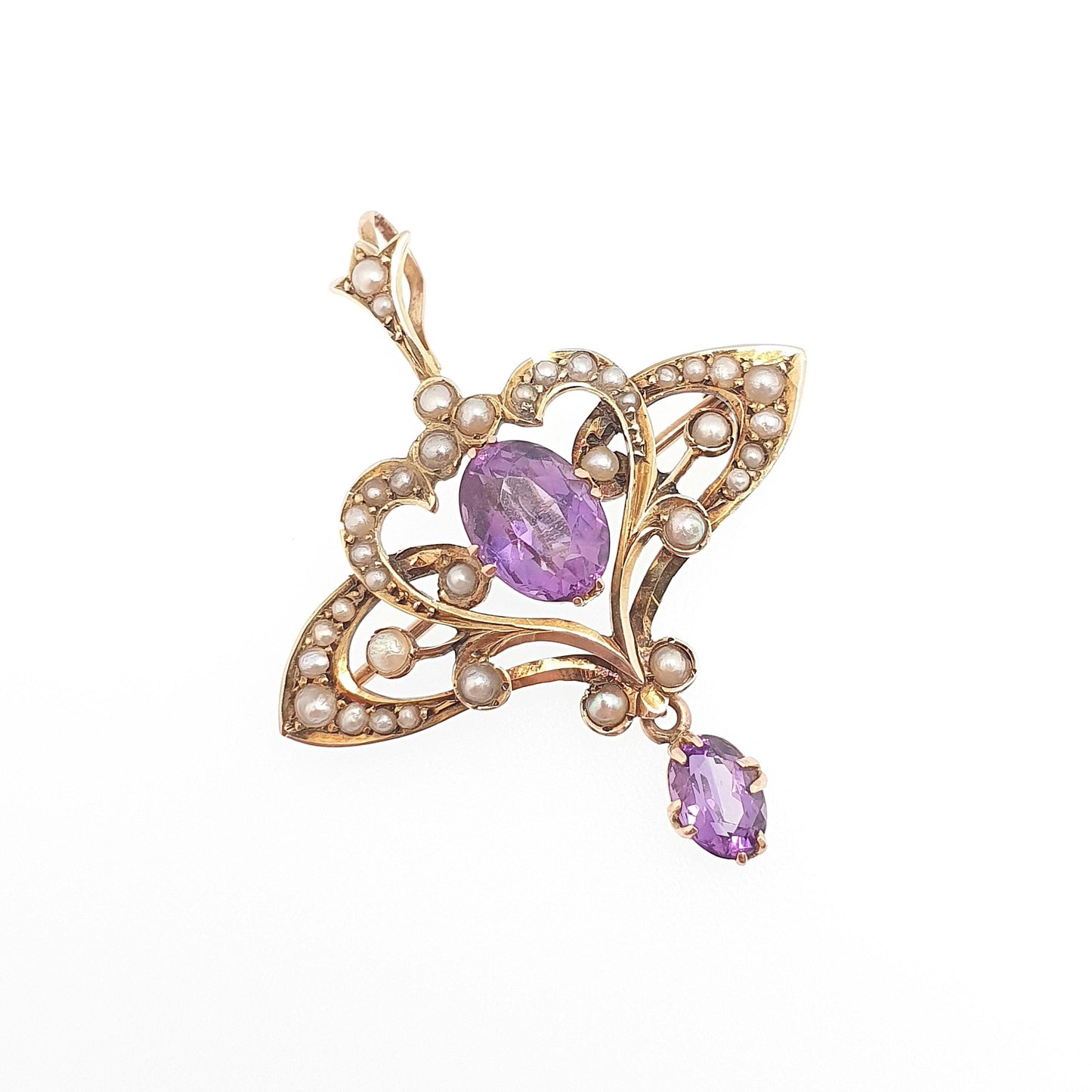 Antique 9ct 9k Gold Amethyst Pendant Seed Pearl Necklace Brooch Edwardian Solid 375 Openwork Vintage Jewellery Jewelry