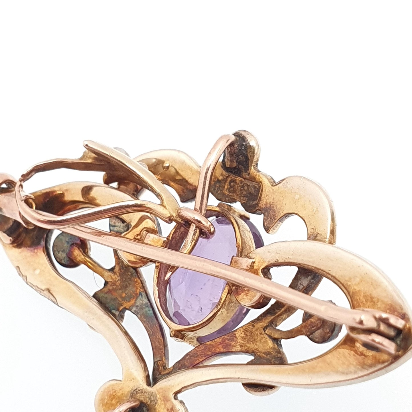Antique 9ct 9k Gold Amethyst Pendant Seed Pearl Necklace Brooch Edwardian Solid 375 Openwork Vintage Jewellery Jewelry