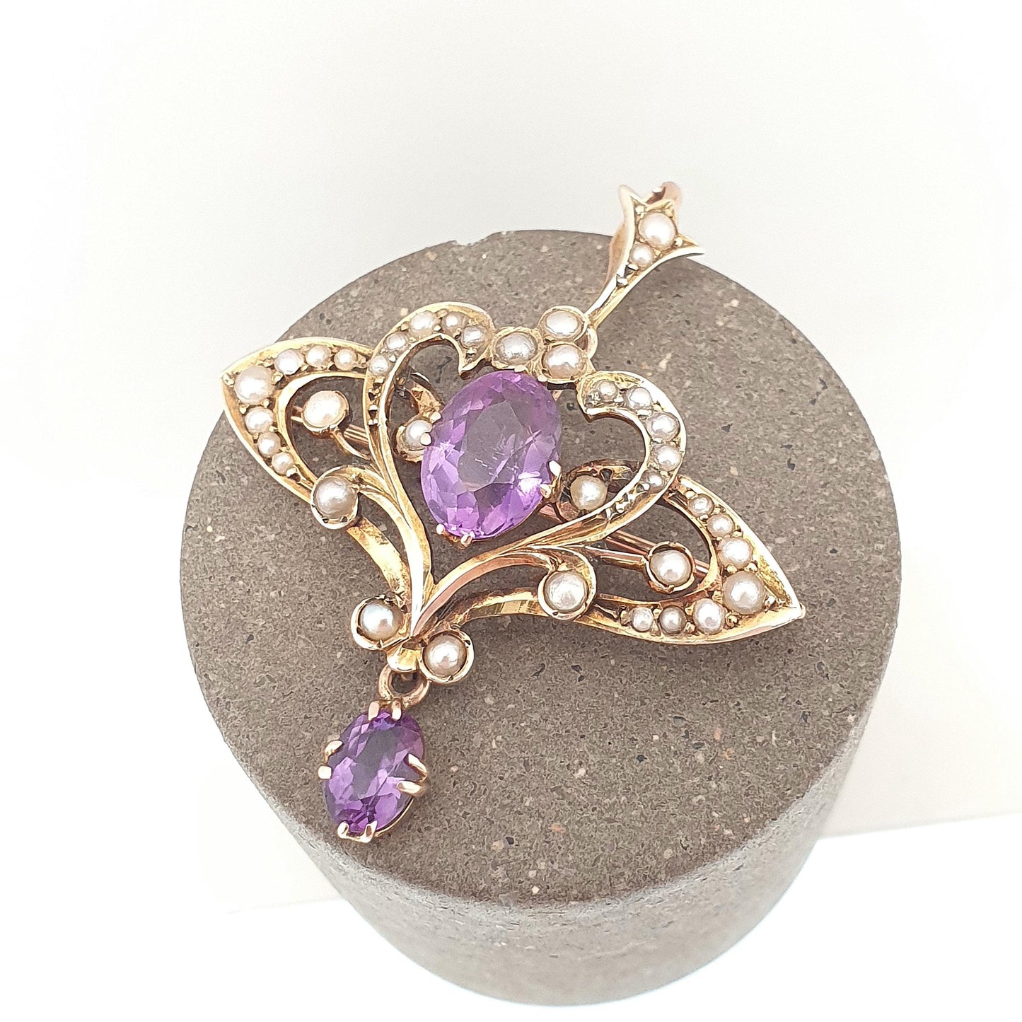 Antique 9ct 9k Gold Amethyst Pendant Seed Pearl Necklace Brooch Edwardian Solid 375 Openwork Vintage Jewellery Jewelry