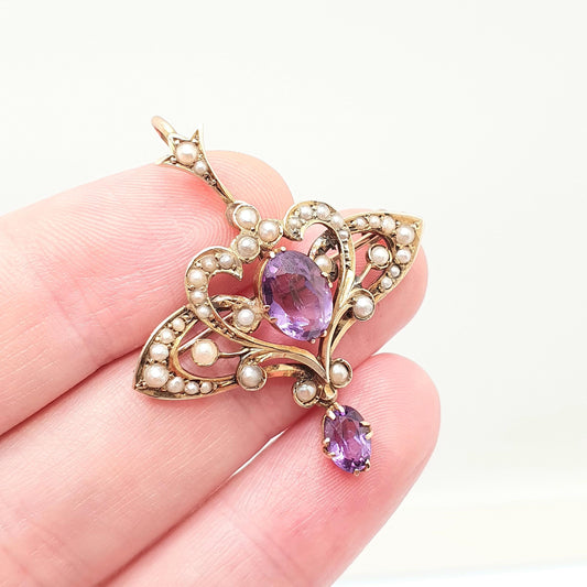Antique 9ct 9k Gold Amethyst Pendant Seed Pearl Necklace Brooch Edwardian Solid 375 Openwork Vintage Jewellery Jewelry