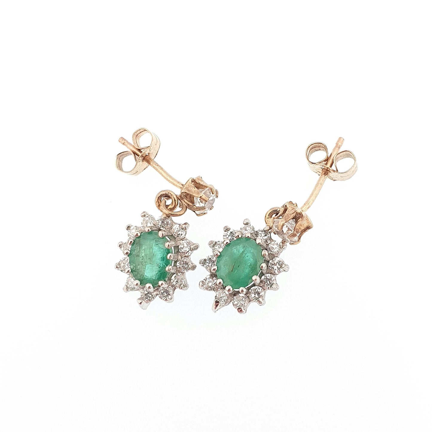 Vintage 9ct Gold Emerald Earrings CZ Cluster Halo Solid 9k 375 Oval Cut Stud Drop Genuine Gemstone Jewelry Jewellery