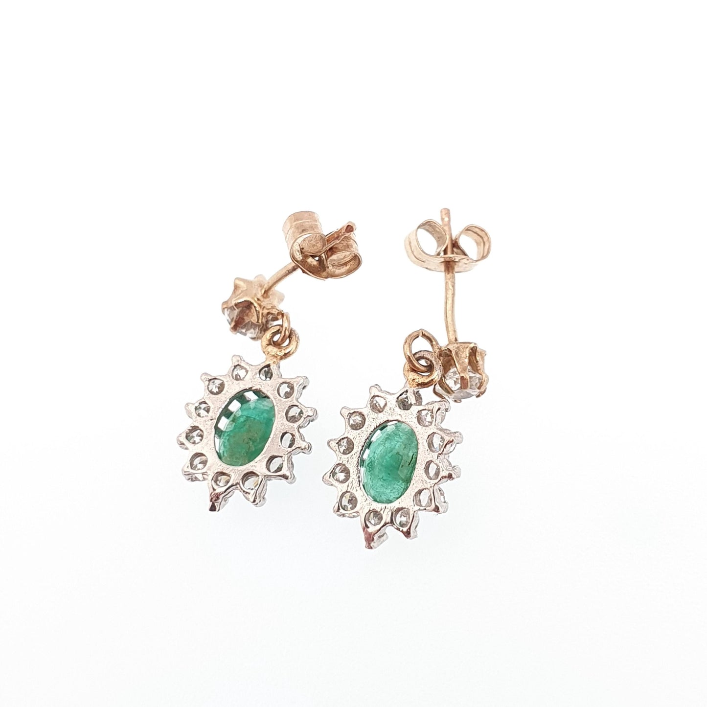 Vintage 9ct Gold Emerald Earrings CZ Cluster Halo Solid 9k 375 Oval Cut Stud Drop Genuine Gemstone Jewelry Jewellery