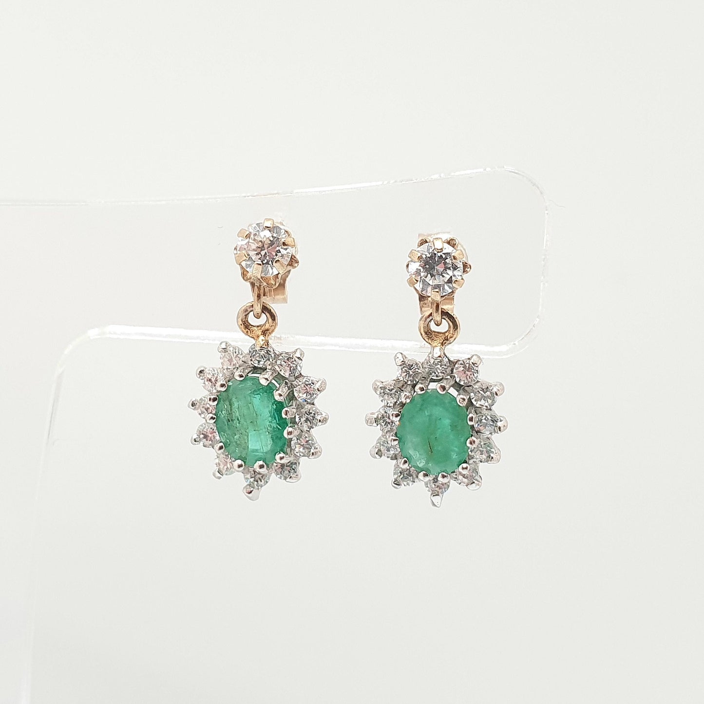 Vintage 9ct Gold Emerald Earrings CZ Cluster Halo Solid 9k 375 Oval Cut Stud Drop Genuine Gemstone Jewelry Jewellery