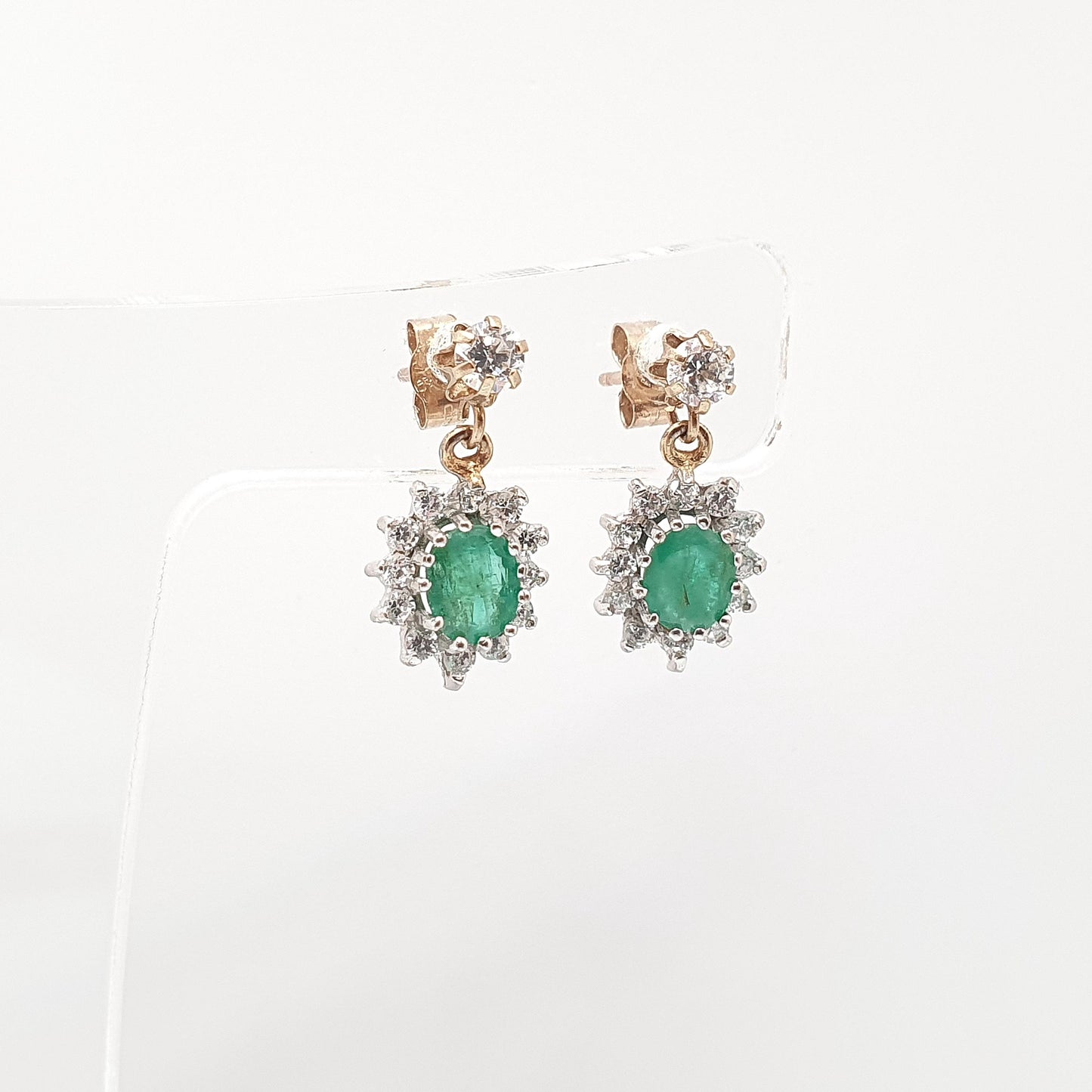 Vintage 9ct Gold Emerald Earrings CZ Cluster Halo Solid 9k 375 Oval Cut Stud Drop Genuine Gemstone Jewelry Jewellery