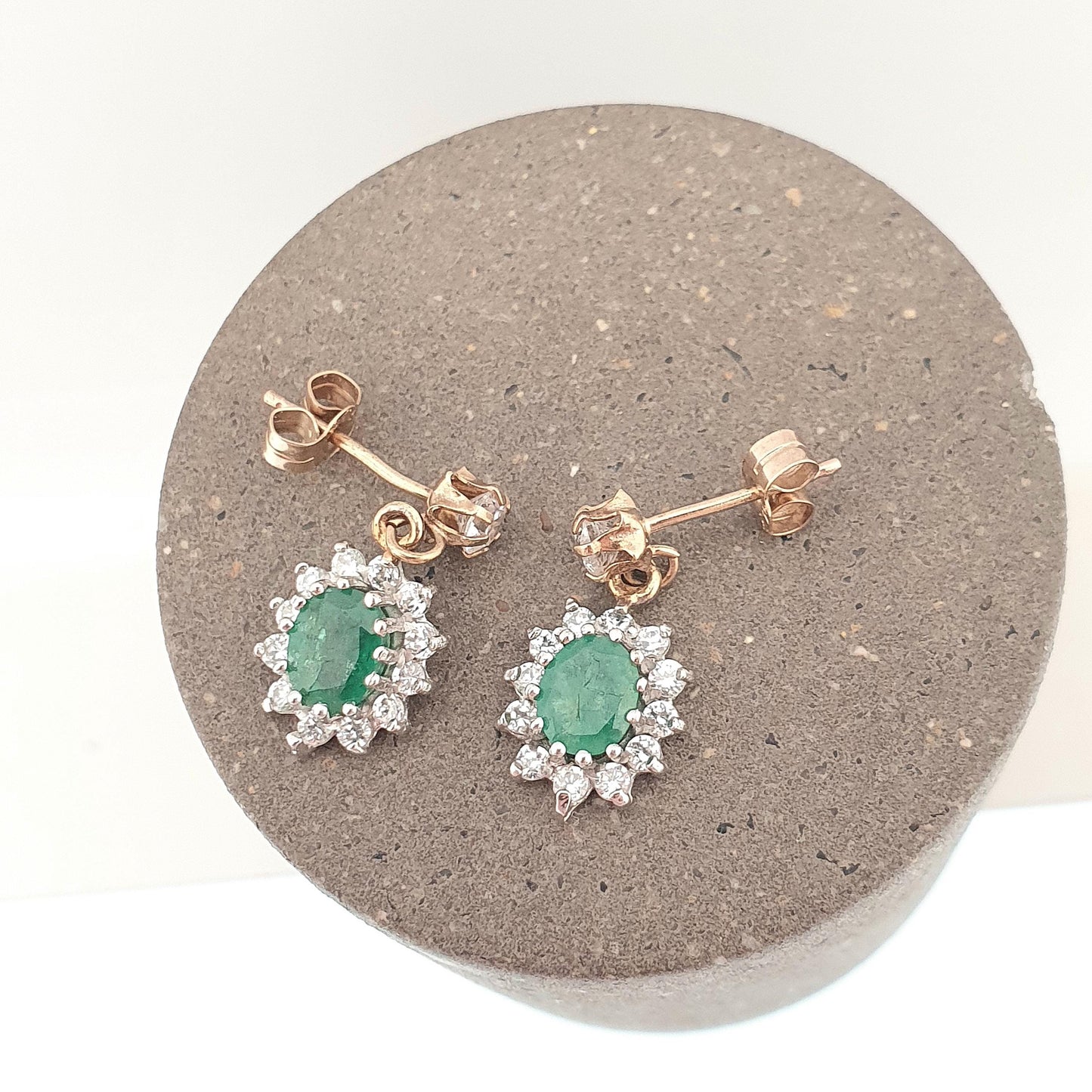 Vintage 9ct Gold Emerald Earrings CZ Cluster Halo Solid 9k 375 Oval Cut Stud Drop Genuine Gemstone Jewelry Jewellery