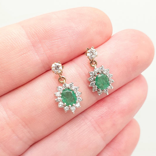 Vintage 9ct Gold Emerald Earrings CZ Cluster Halo Solid 9k 375 Oval Cut Stud Drop Genuine Gemstone Jewelry Jewellery