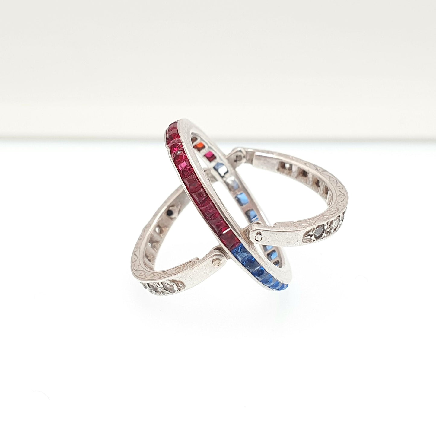 Antique Day & Night Ring Solid Silver Paste Art Deco Channel Set Blue Sapphire Ruby and Diamond Pastes Hinged Folding Jewelry