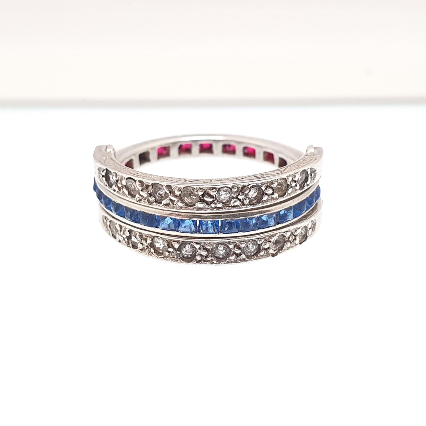 Antique Day & Night Ring Solid Silver Paste Art Deco Channel Set Blue Sapphire Ruby and Diamond Pastes Hinged Folding Jewelry