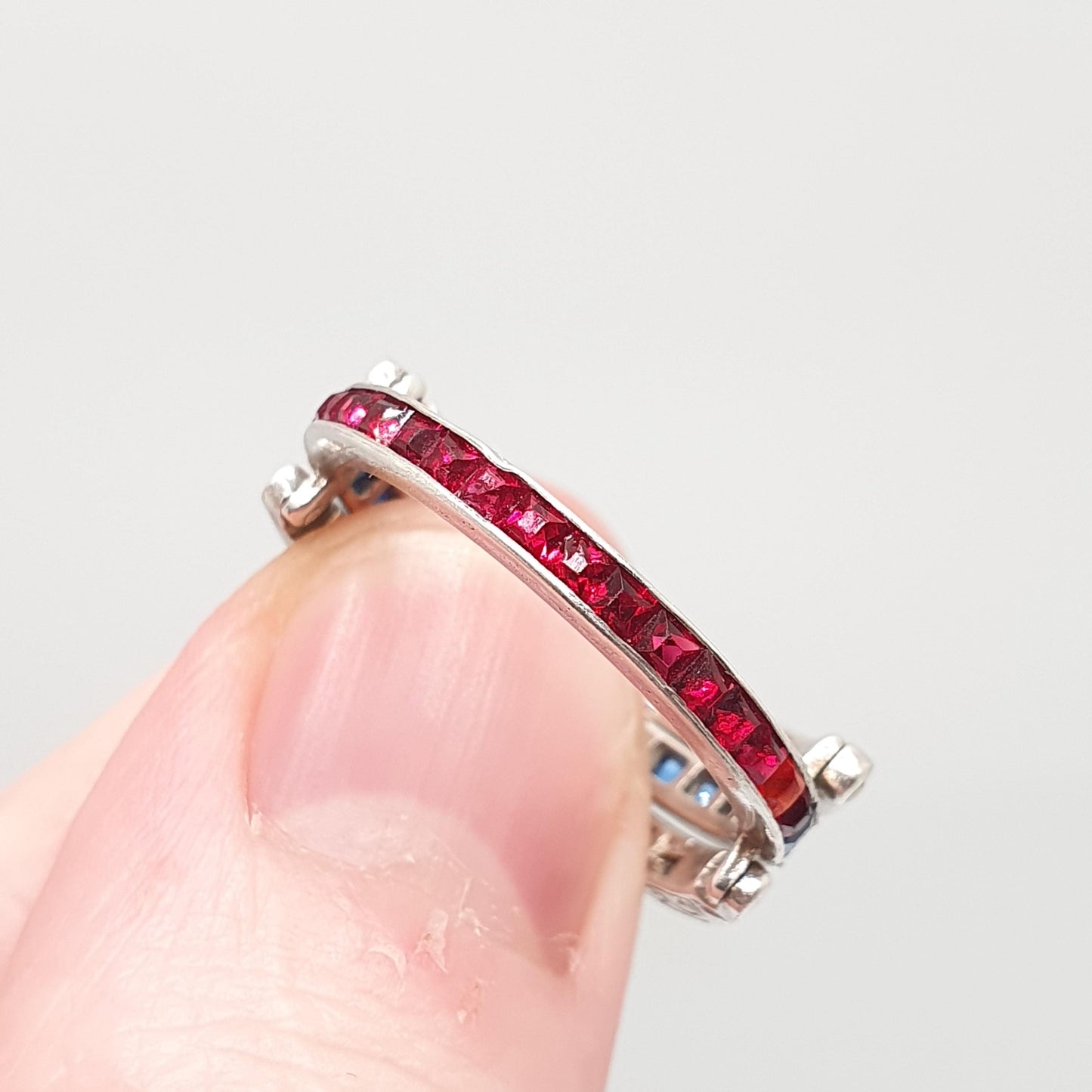 Antique Day & Night Ring Solid Silver Paste Art Deco Channel Set Blue Sapphire Ruby and Diamond Pastes Hinged Folding Jewelry