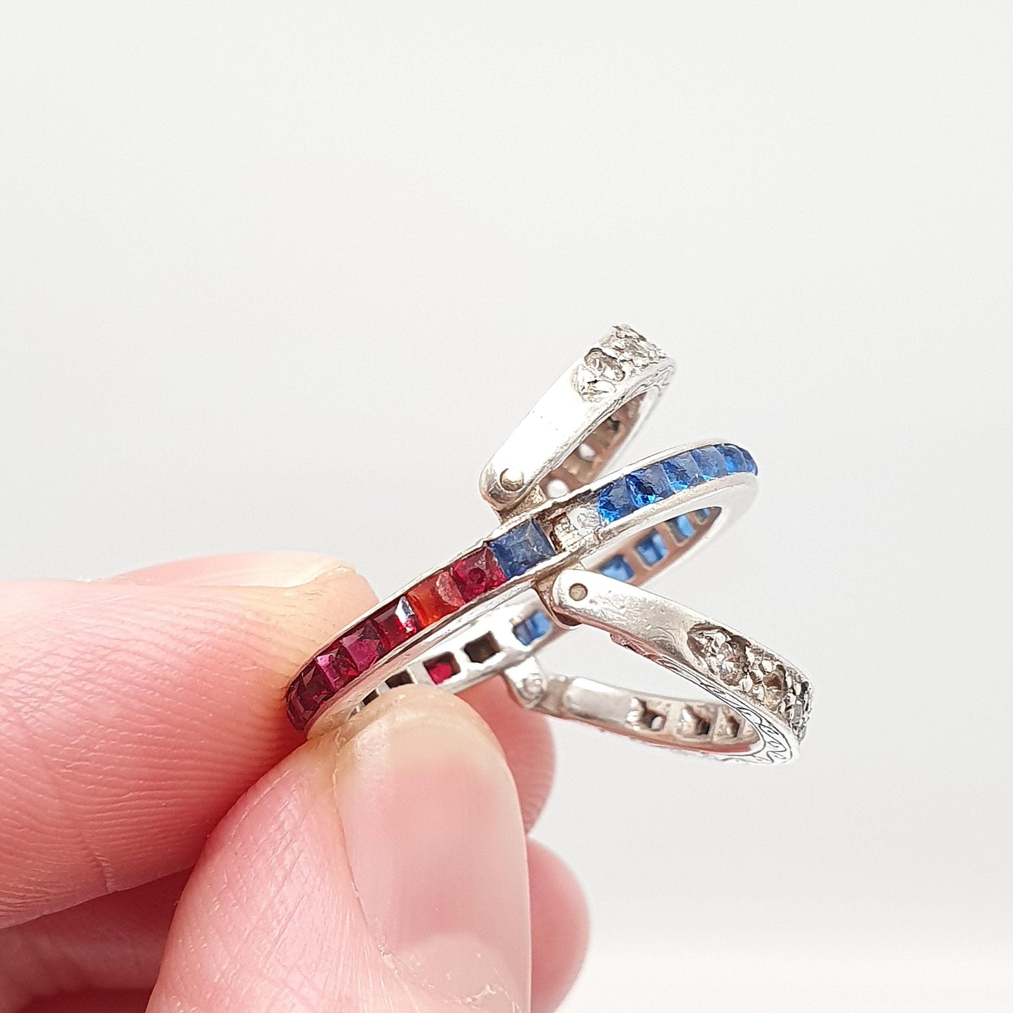 Antique Day & Night Ring Solid Silver Paste Art Deco Channel Set Blue Sapphire Ruby and Diamond Pastes Hinged Folding Jewelry