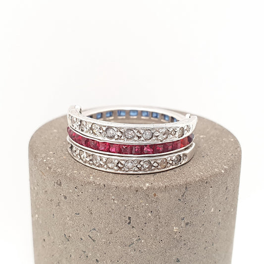 Antique Day & Night Ring Solid Silver Paste Art Deco Channel Set Blue Sapphire Ruby and Diamond Pastes Hinged Folding Jewelry
