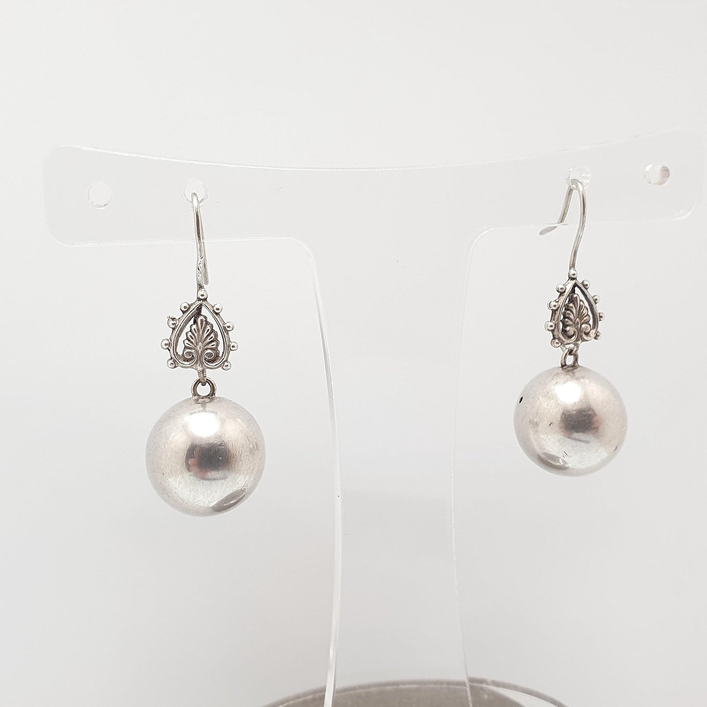 Antique Solid Silver Victorian Ball Earrings Hook Hanging Bead Hook Dangle Drop Genuine 1800s Vintage Jewelry Jewellery