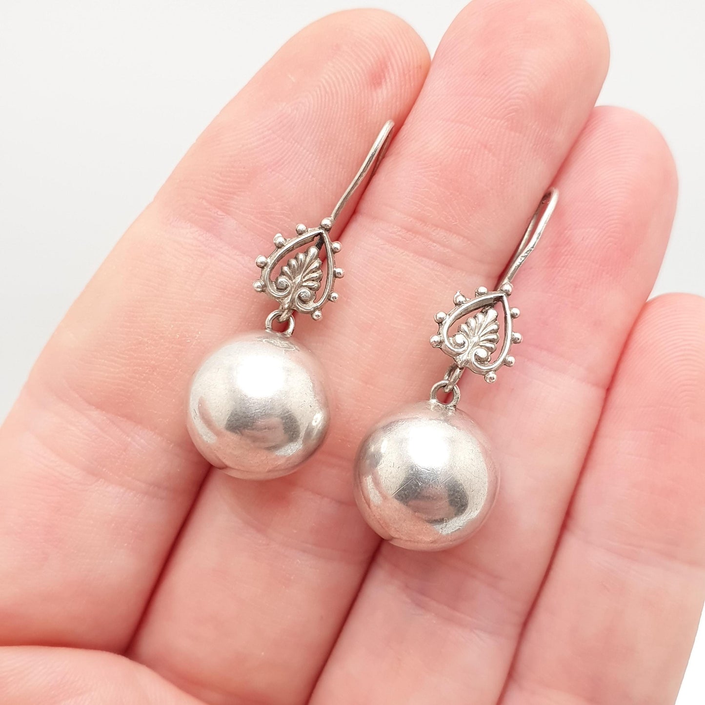 Antique Solid Silver Victorian Ball Earrings Hook Hanging Bead Hook Dangle Drop Genuine 1800s Vintage Jewelry Jewellery