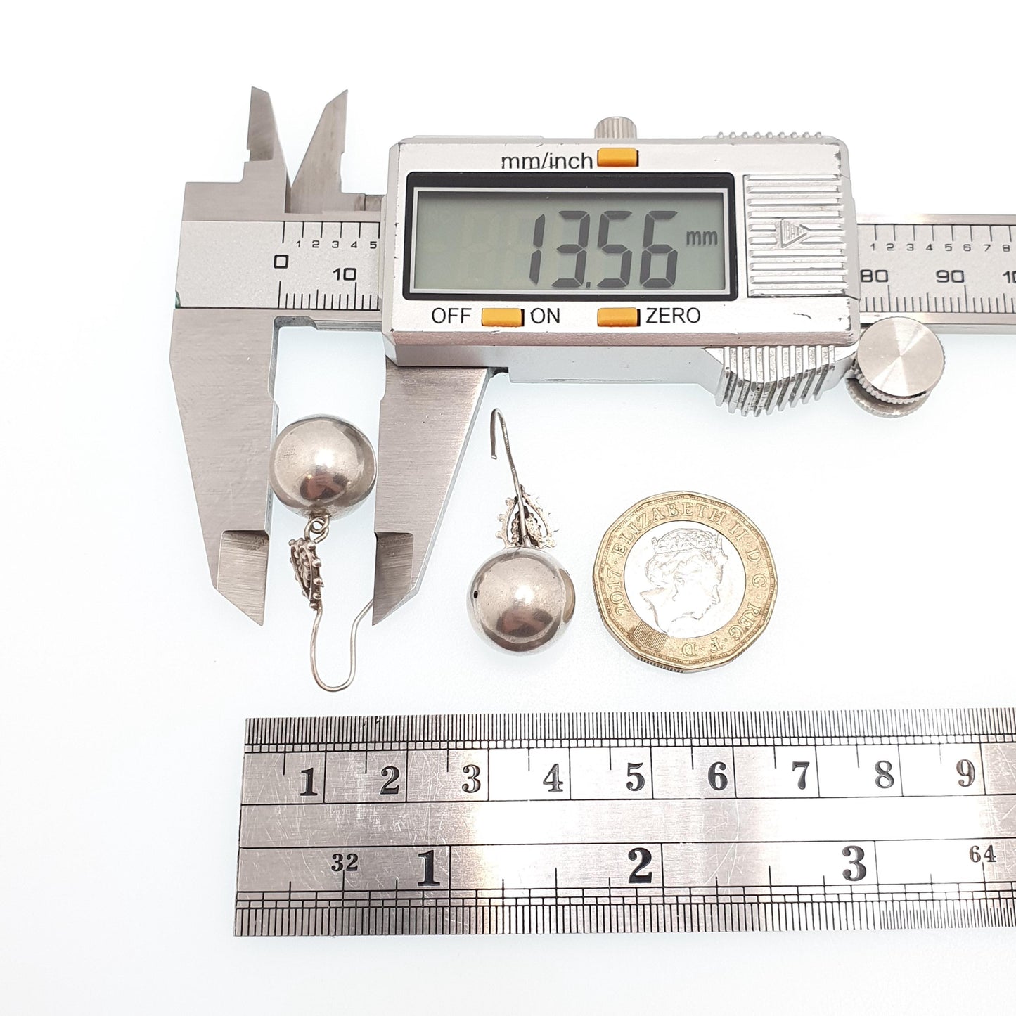 Antique Solid Silver Victorian Ball Earrings Hook Hanging Bead Hook Dangle Drop Genuine 1800s Vintage Jewelry Jewellery