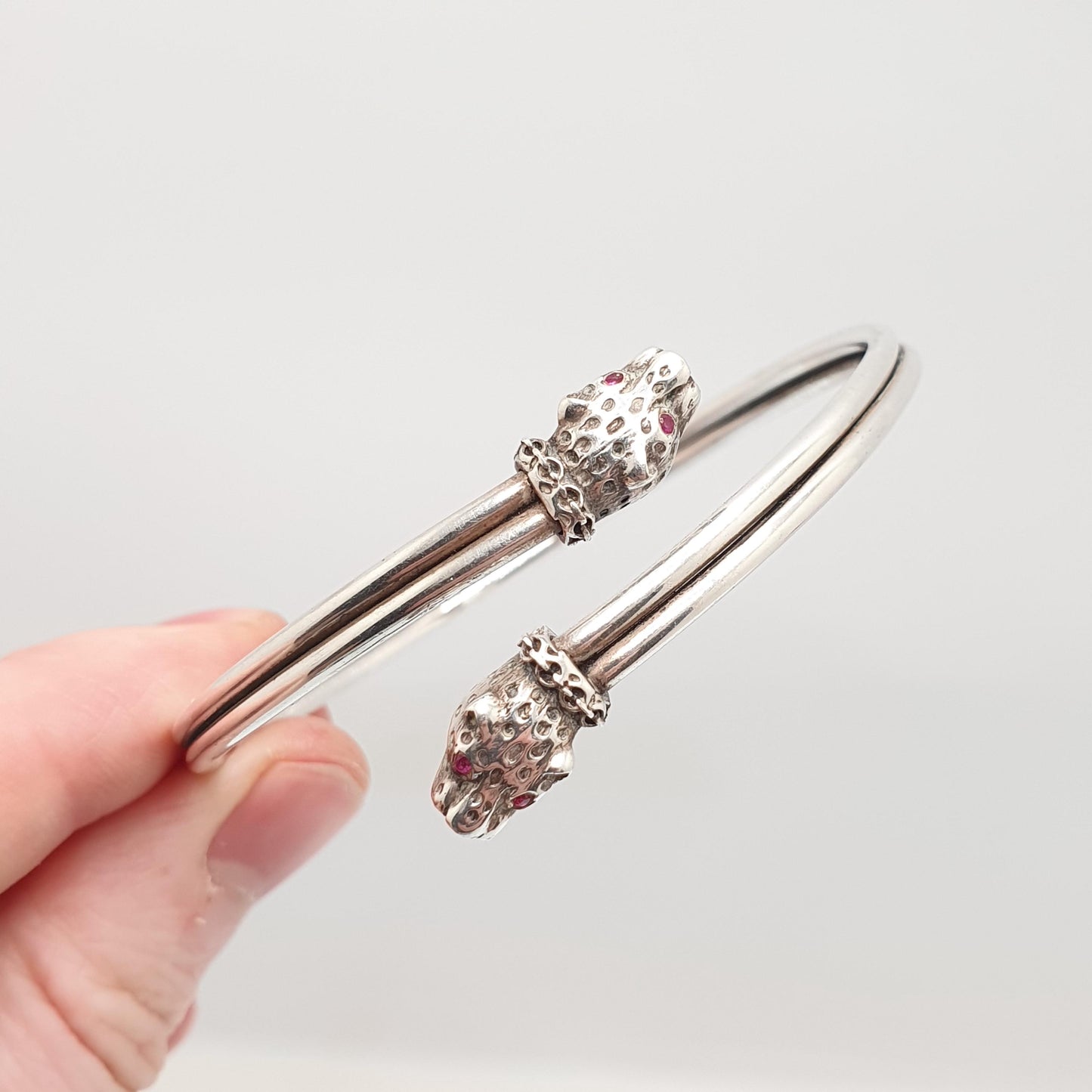 Antique Solid Silver Leopard Bangle Bracelet Victorian Bypass Crossover Cat Ruby Paste Vintage Jewellery Jewelry