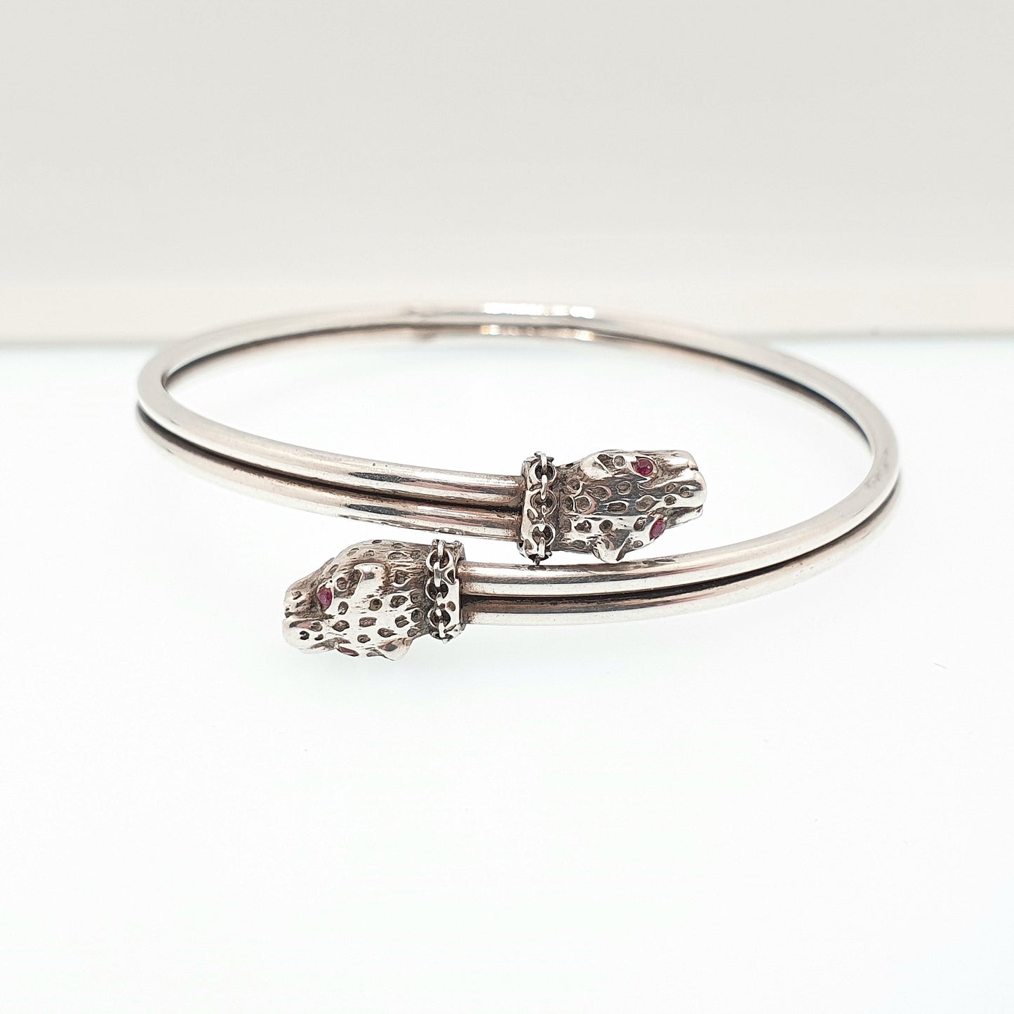 Antique Solid Silver Leopard Bangle Bracelet Victorian Bypass Crossover Cat Ruby Paste Vintage Jewellery Jewelry