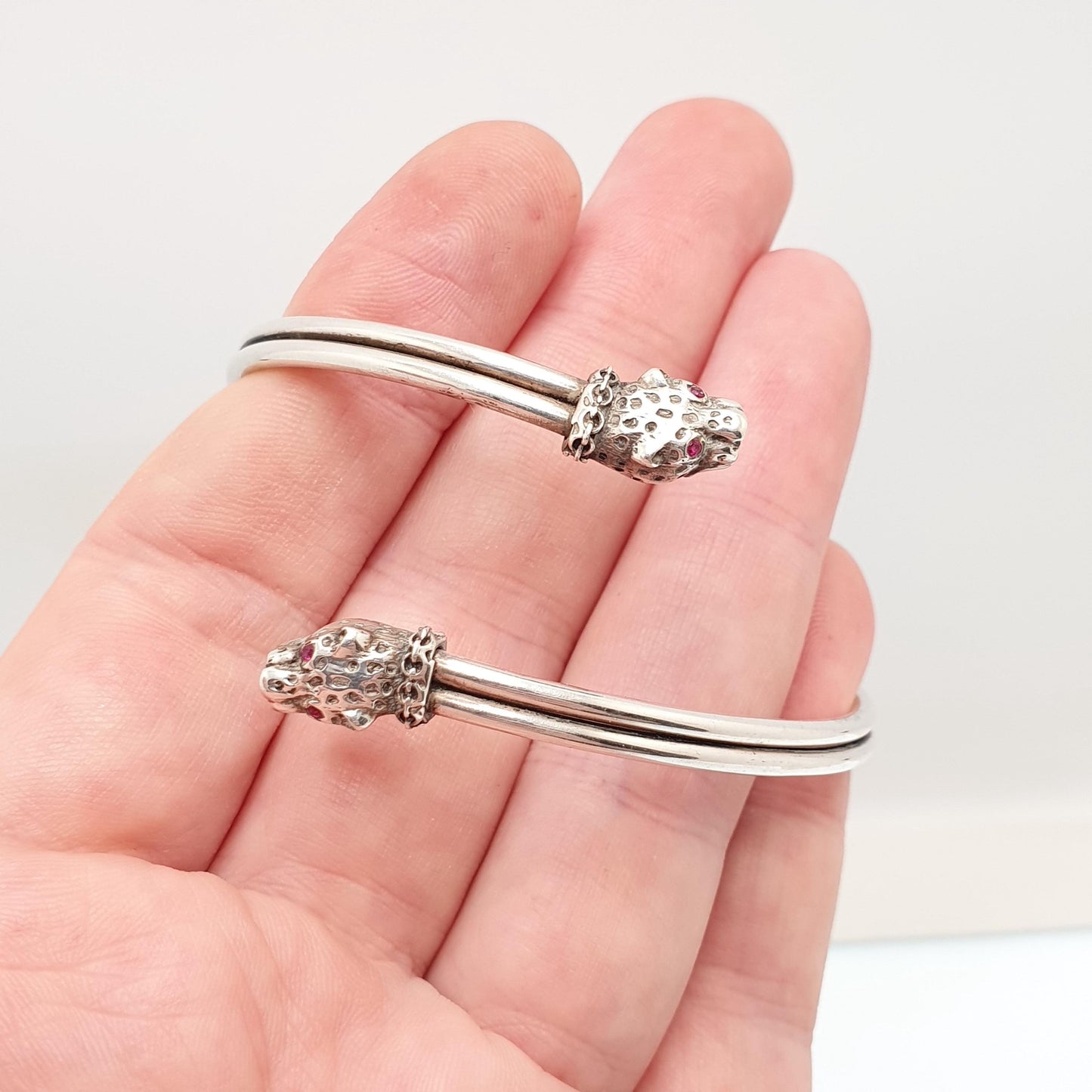 Antique Solid Silver Leopard Bangle Bracelet Victorian Bypass Crossover Cat Ruby Paste Vintage Jewellery Jewelry