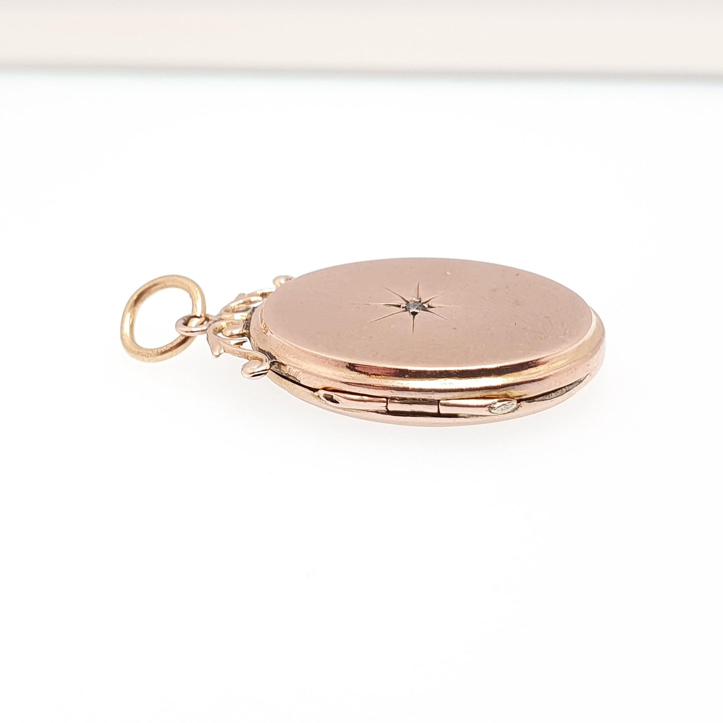 Antique 9ct 9k Rose Gold Diamond Locket Pendant Star Oval Solid 375 Back & Front Silver Setting Necklace Jewelry Jewellery