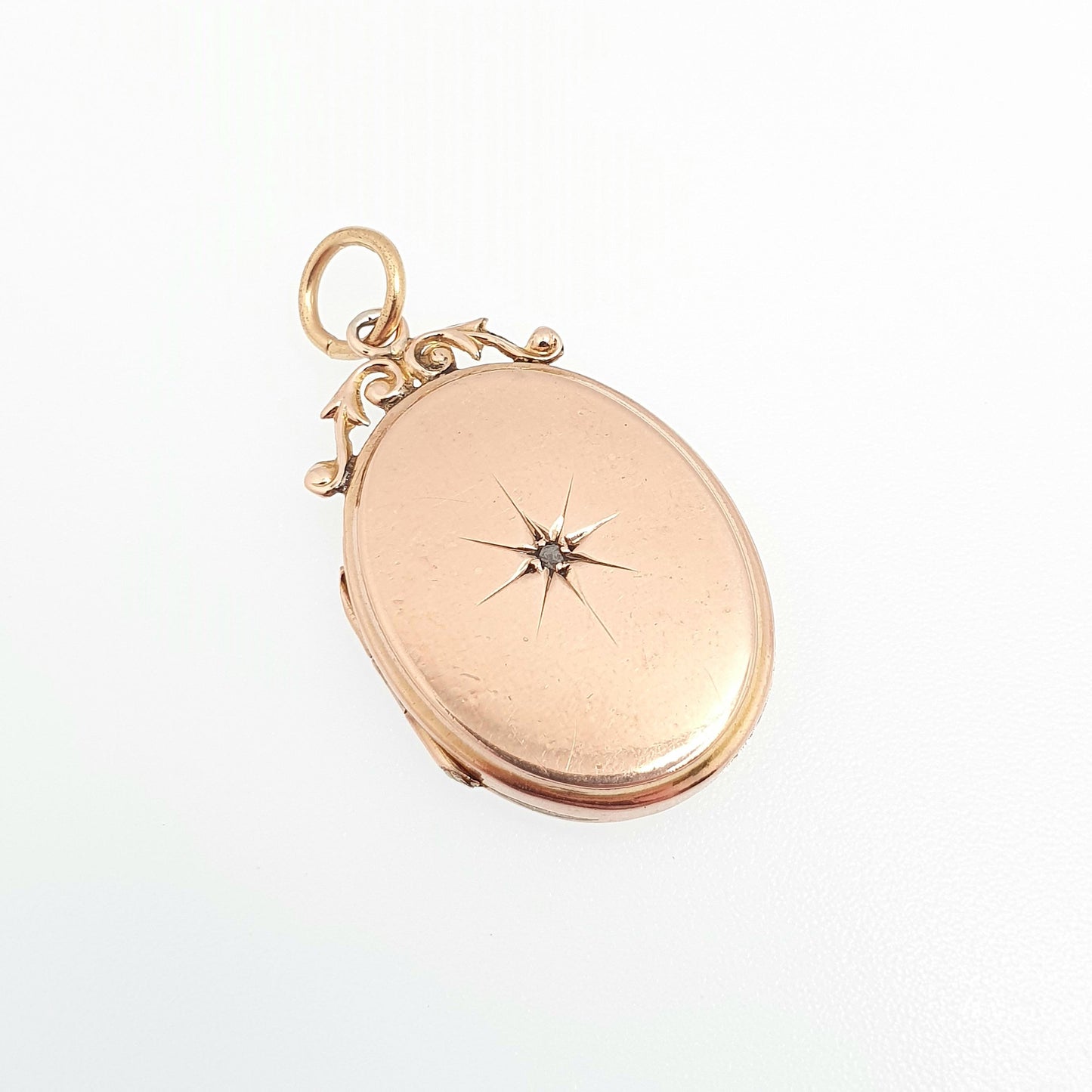 Antique 9ct 9k Rose Gold Diamond Locket Pendant Star Oval Solid 375 Back & Front Silver Setting Necklace Jewelry Jewellery