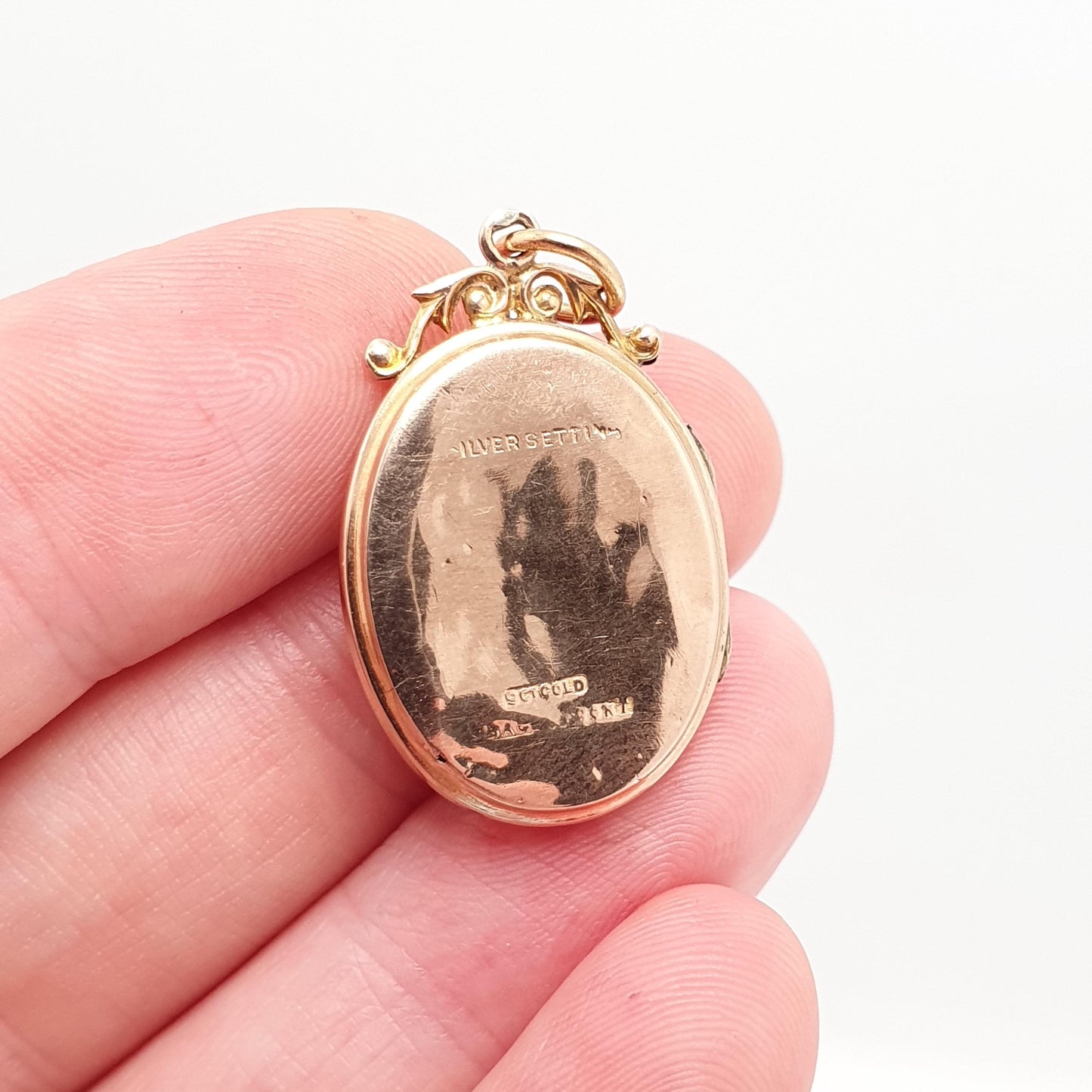 Antique 9ct 9k Rose Gold Diamond Locket Pendant Star Oval Solid 375 Back & Front Silver Setting Necklace Jewelry Jewellery