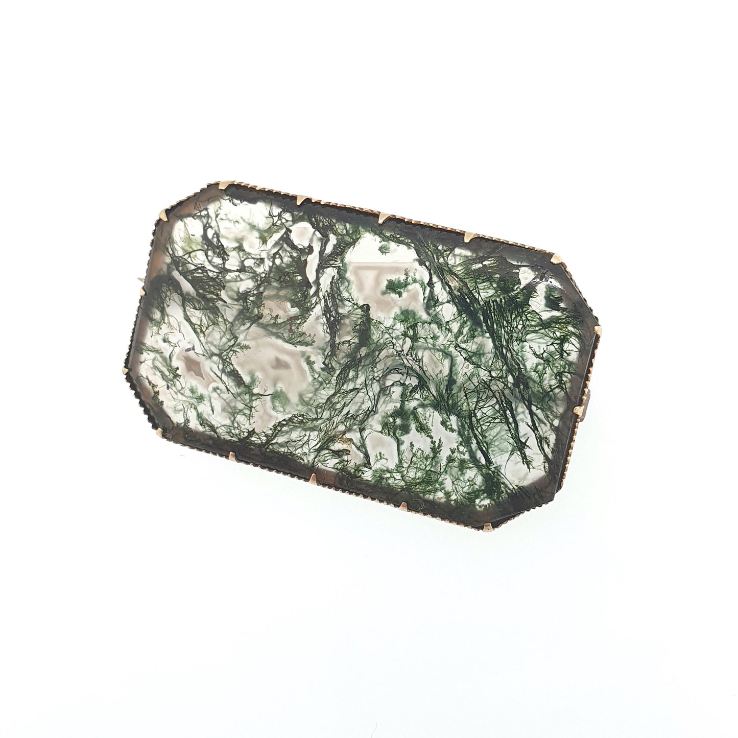 Antique Victorian 14k Gold Moss Agate Brooch Natural Quartz Veined Large Big Solid 14kt 585 Pin Jewelry Jewellery
