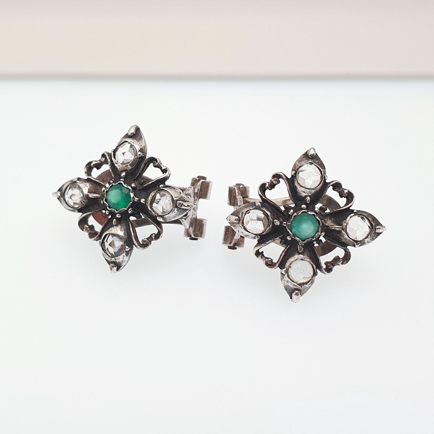 Vintage Solid Silver Emerald Earrings White Spinel Gemstone ART-JOY Stud Victorian Style Spanish Handmade Jewellery Jewelry