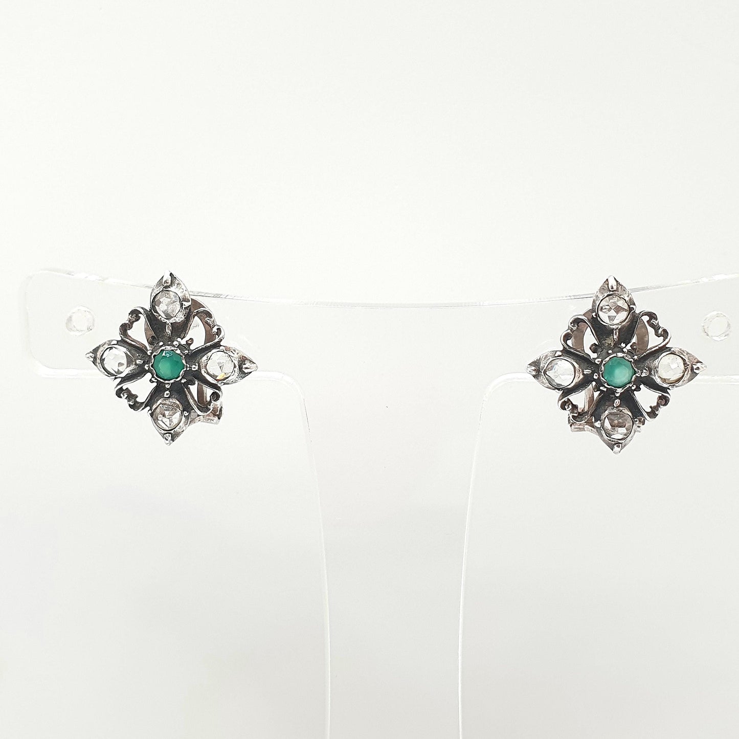 Vintage Solid Silver Emerald Earrings White Spinel Gemstone ART-JOY Stud Victorian Style Spanish Handmade Jewellery Jewelry