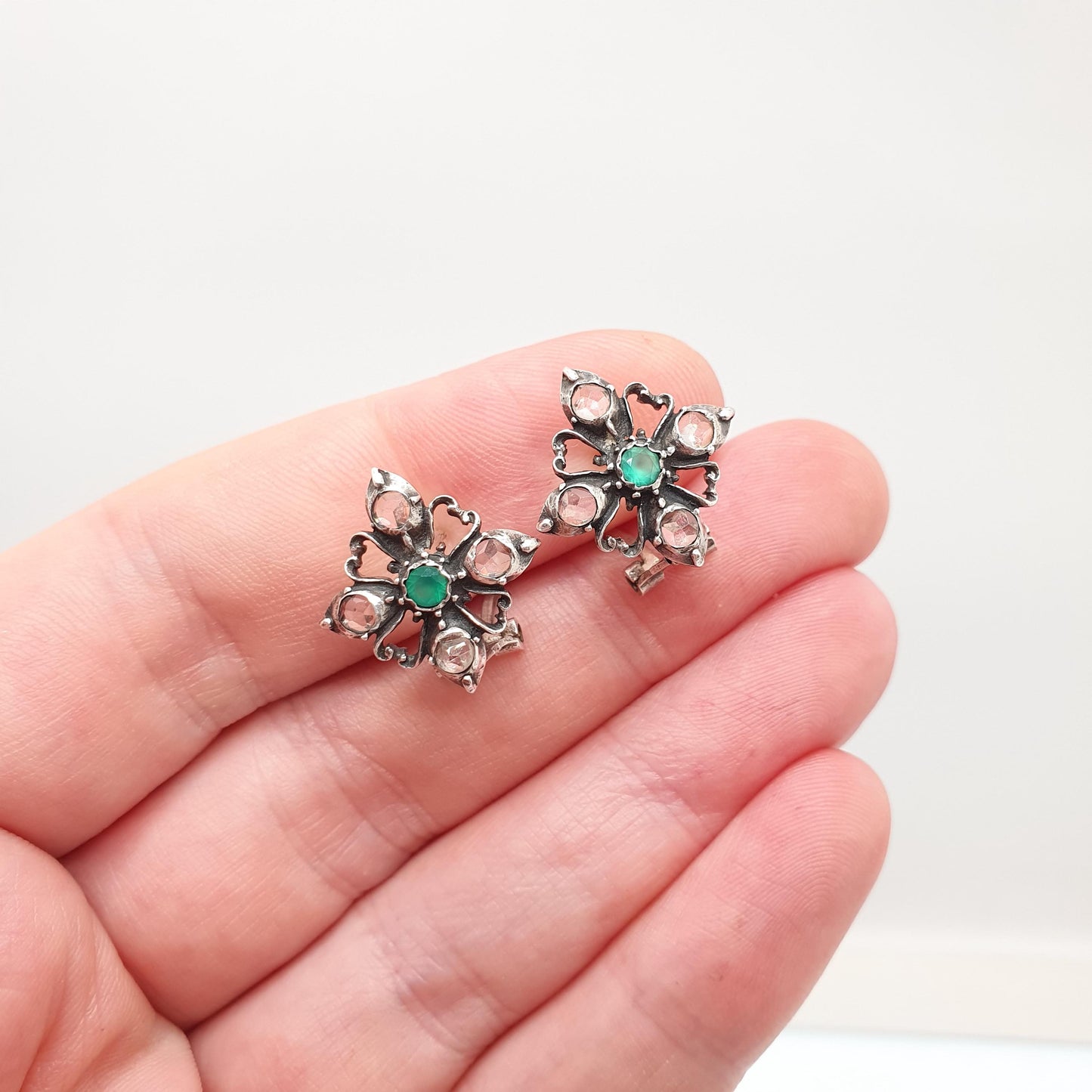 Vintage Solid Silver Emerald Earrings White Spinel Gemstone ART-JOY Stud Victorian Style Spanish Handmade Jewellery Jewelry