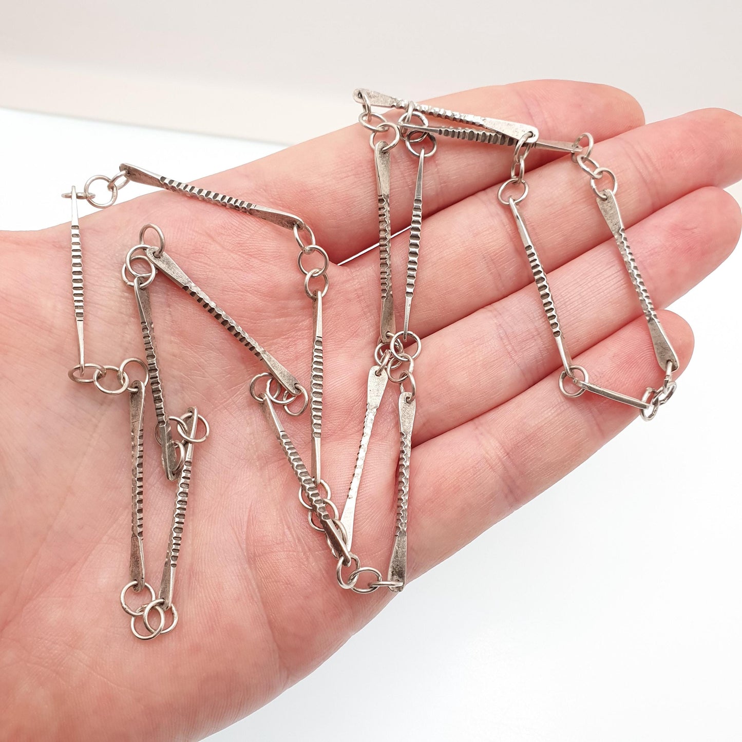 Antique Arts and Crafts Solid Silver Chain Necklace Victorian Bar & Rolo Link 74cm 29.1" 16.01g Long Womens Jewellery Jewelry