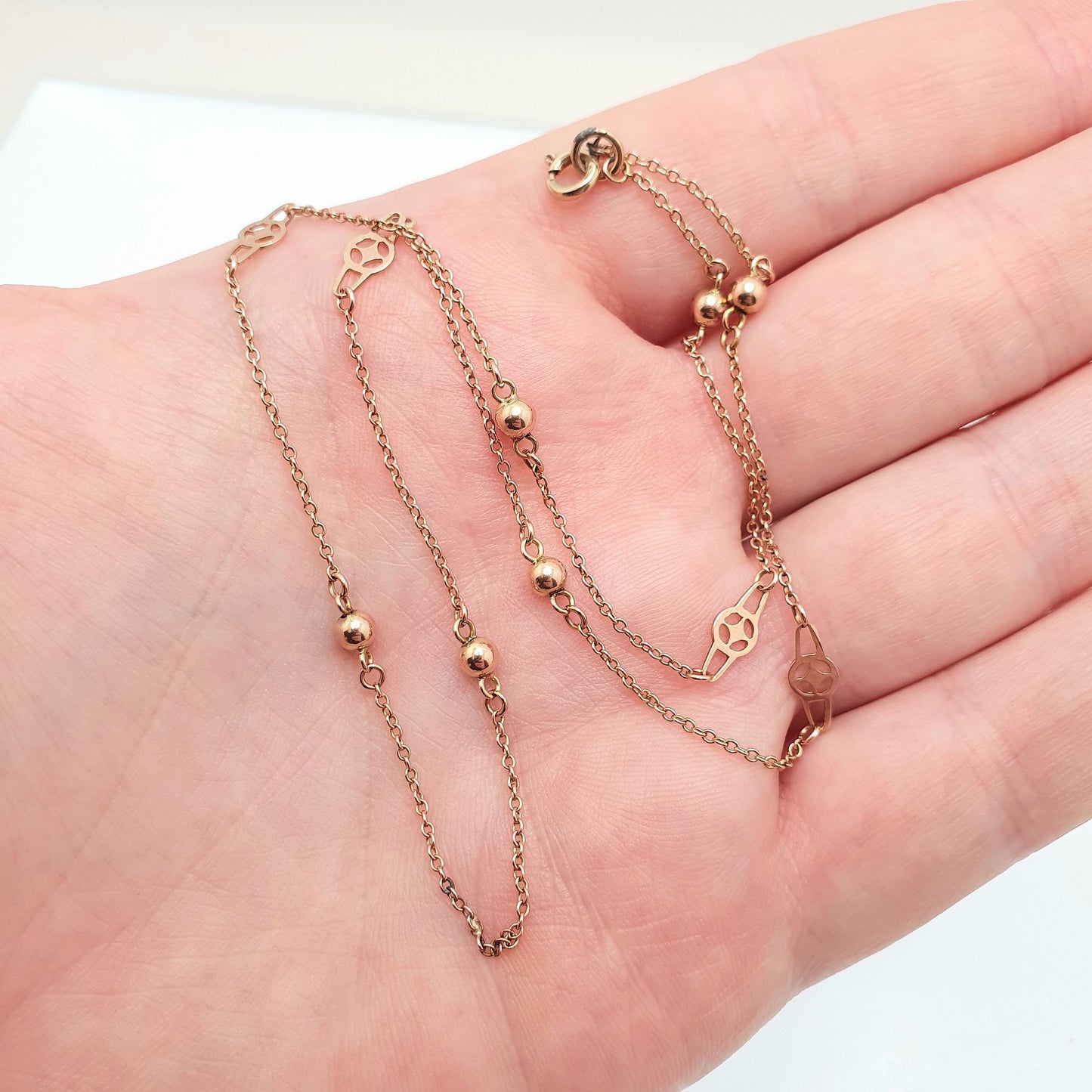 Antique 9ct 9k Rose Gold Chain Necklace Target & Bead Ball Edwardian 1900s 43cm 16.9" 2.30g Solid 9kt Vintage