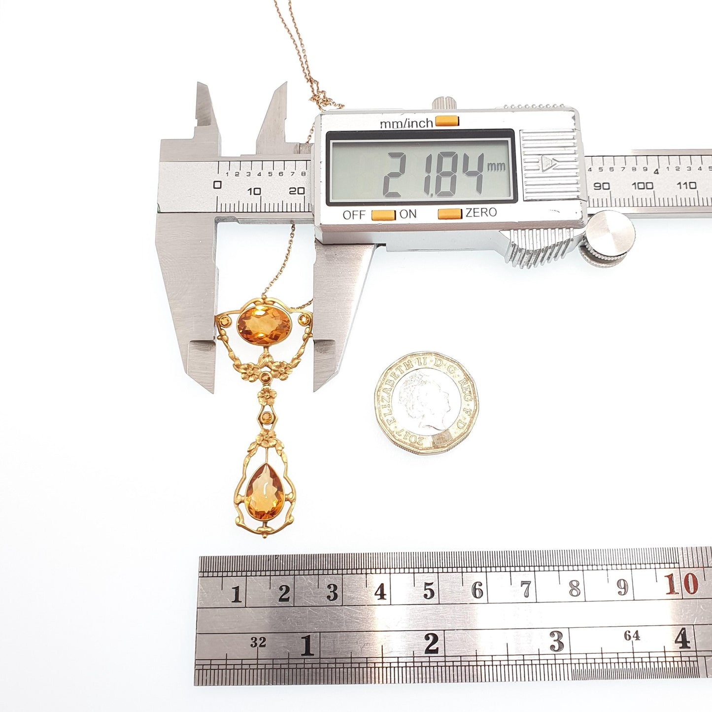 Antique Victorian 14kt Gold Citrine Necklace Art Nouveau Lavalier Solid 14k 585 1800s Jewelry Womens Jewellery