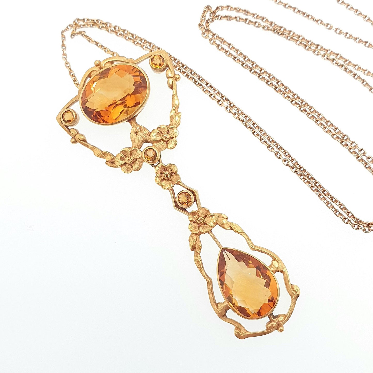 Antique Victorian 14kt Gold Citrine Necklace Art Nouveau Lavalier Solid 14k 585 1800s Jewelry Womens Jewellery