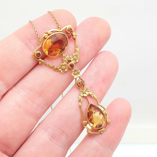 Antique Victorian 14kt Gold Citrine Necklace Art Nouveau Lavalier Solid 14k 585 1800s Jewelry Womens Jewellery