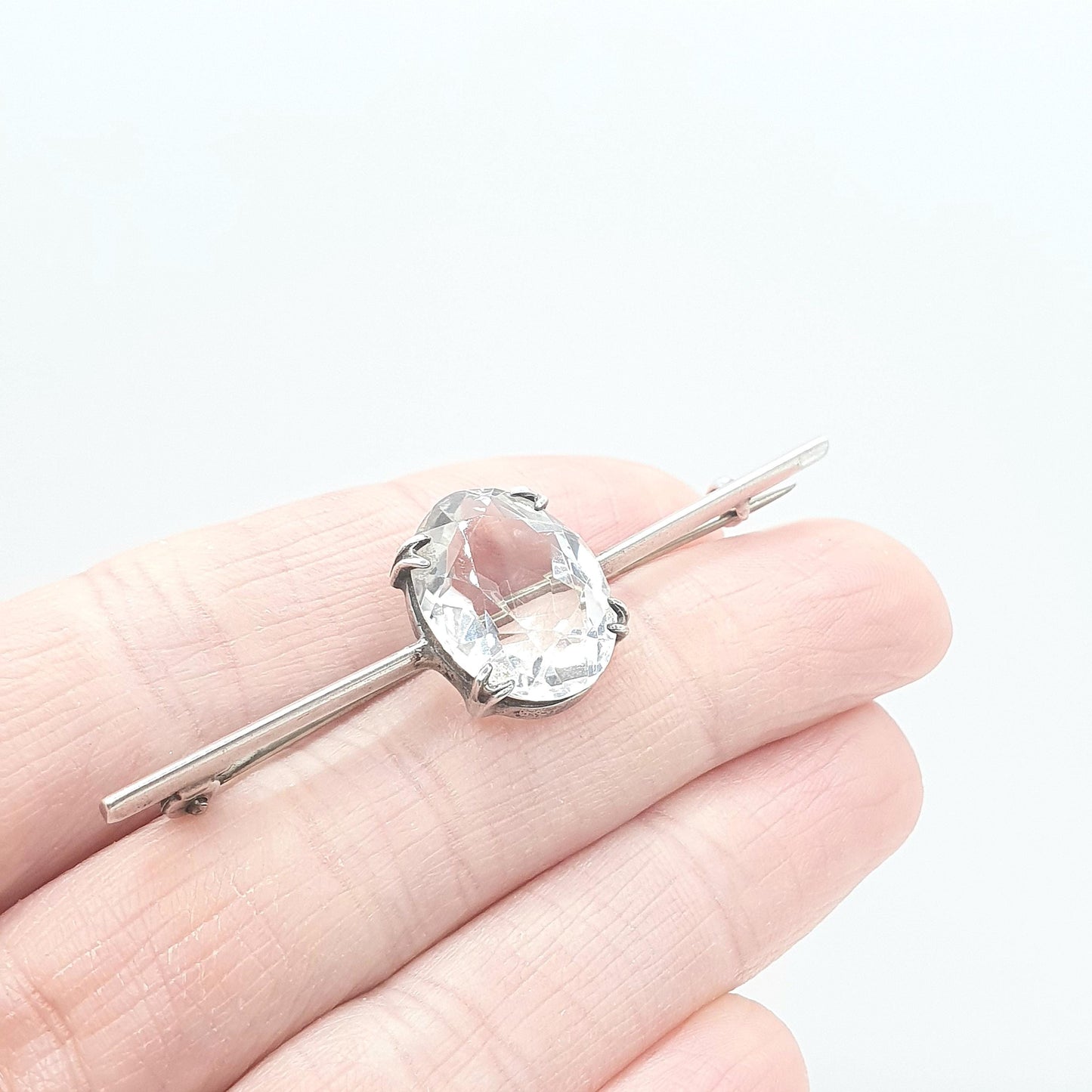 Antique Solid Silver Rock Crystal Brooch Bar Pin White Quartz Oval Cut Womens Jewelry Jewellery Vintage