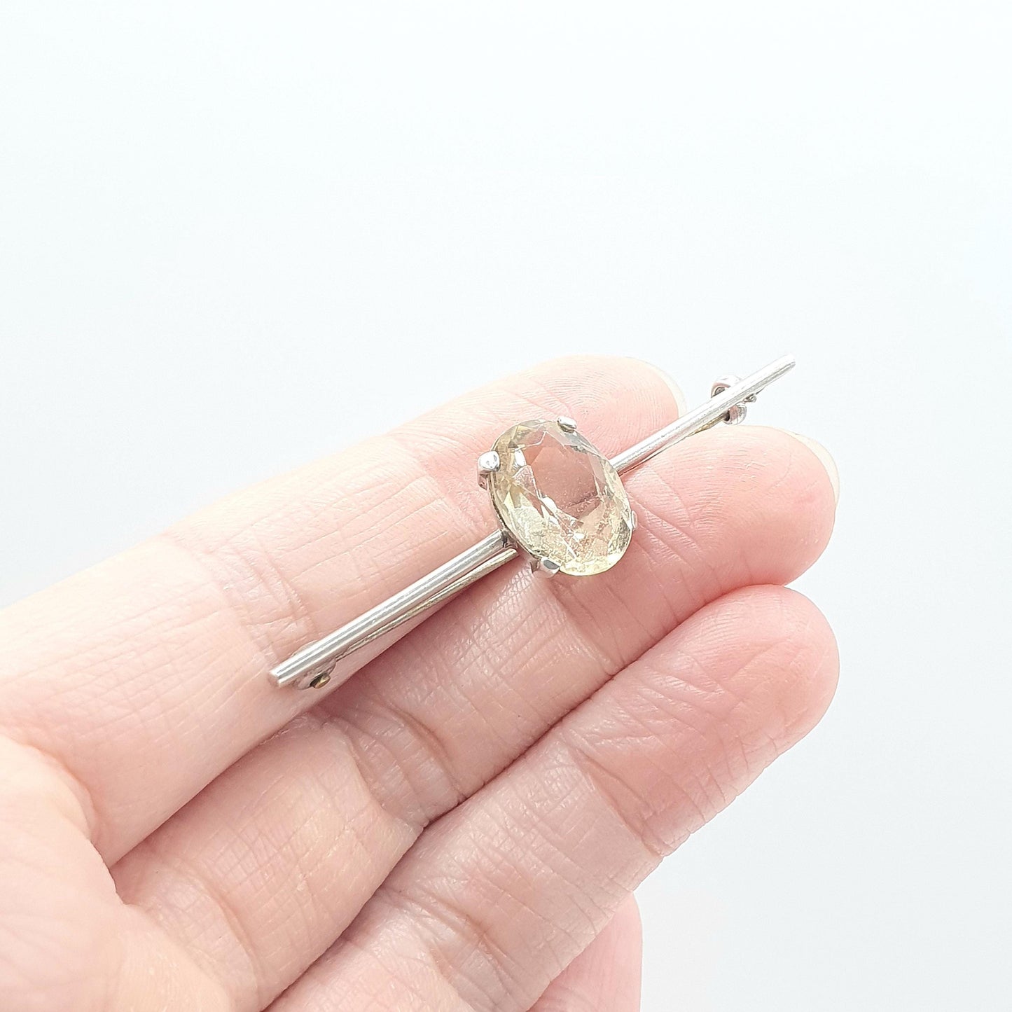 Antique Solid Silver Citrine Bar Brooch Oval Cut Natural Gemstone Bar Pin Yellow Womens Unisex Jewelry Jewellery