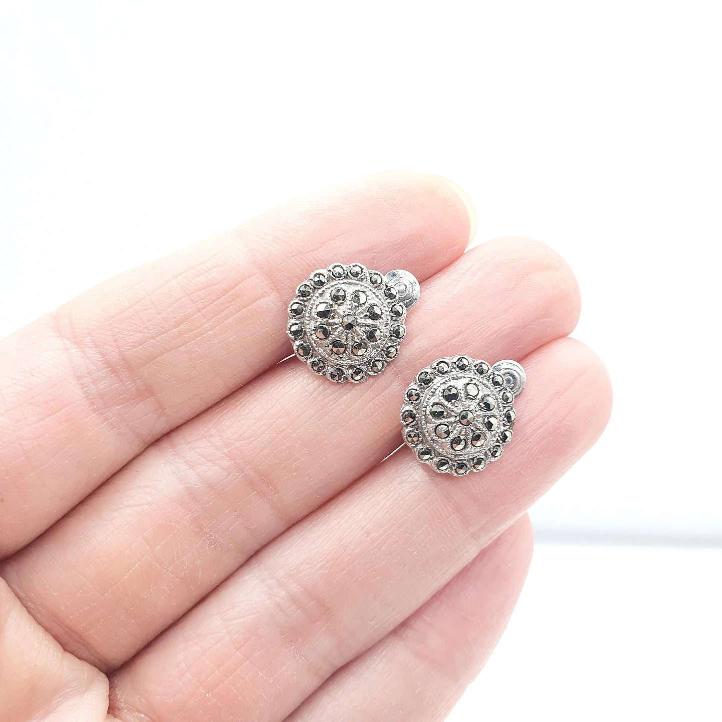 Antique Art Deco Solid Silver Star Earrings Marcasite Dome Clip On 1920s Flapper Womens Ladies Jewelry Jewellery