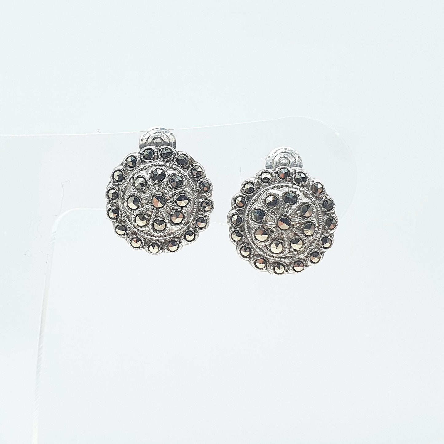 Antique Art Deco Solid Silver Star Earrings Marcasite Dome Clip On 1920s Flapper Womens Ladies Jewelry Jewellery