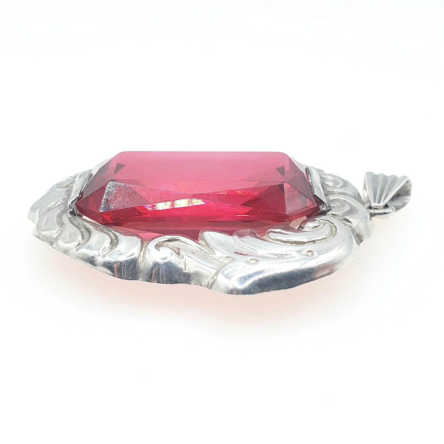 Old Vintage Solid Silver Ruby Paste Pendant Swedish Hallmark Art Nouveau Style Large Big Red Glass Jewelry Jewellery