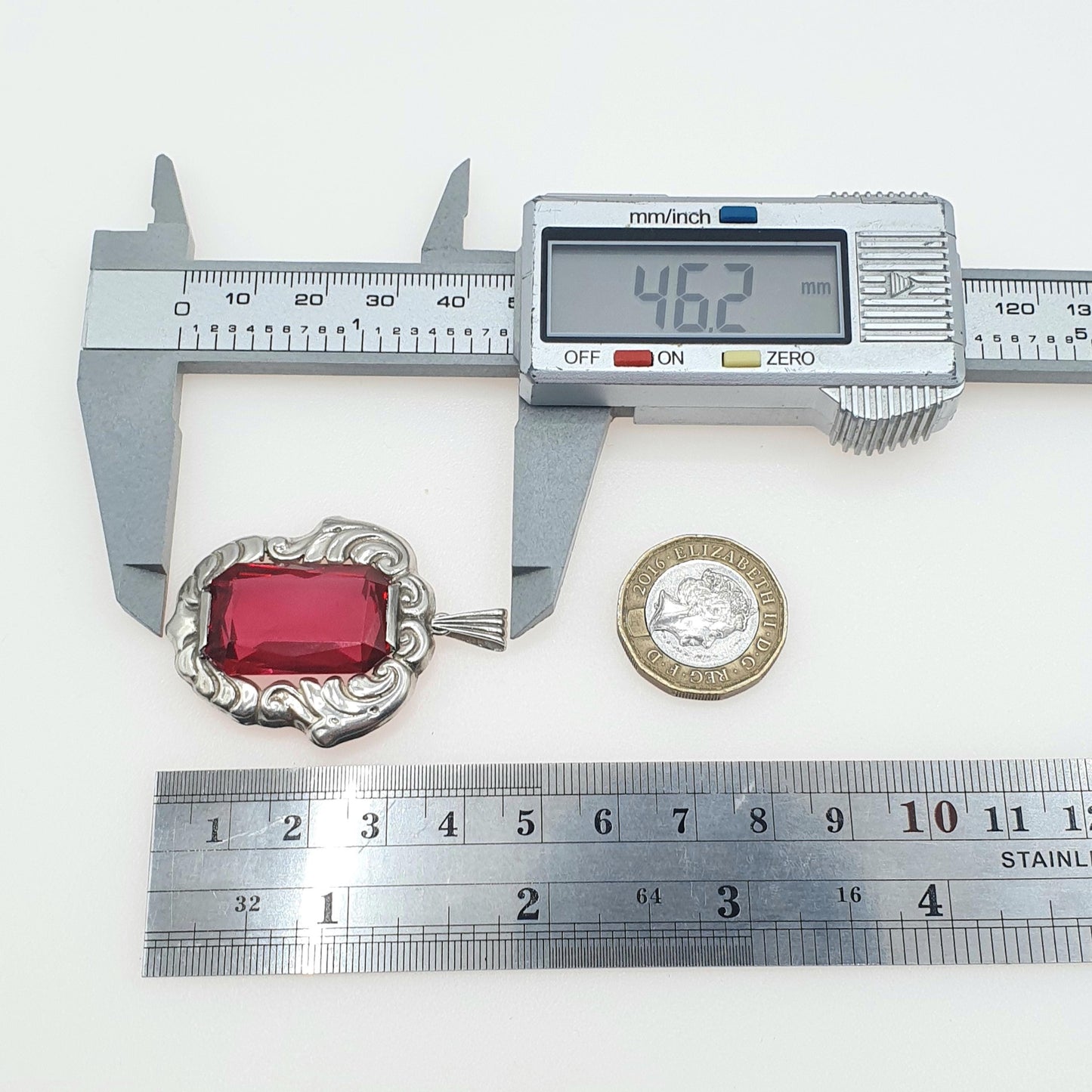 Old Vintage Solid Silver Ruby Paste Pendant Swedish Hallmark Art Nouveau Style Large Big Red Glass Jewelry Jewellery