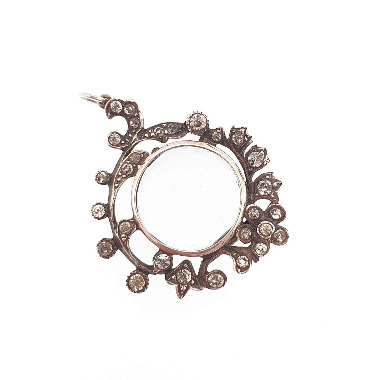 Antique Diamond Paste Solid Silver Locket Pendant Edwardian Necklace Picture Photo Flower Vintage Jewelry Jewellery