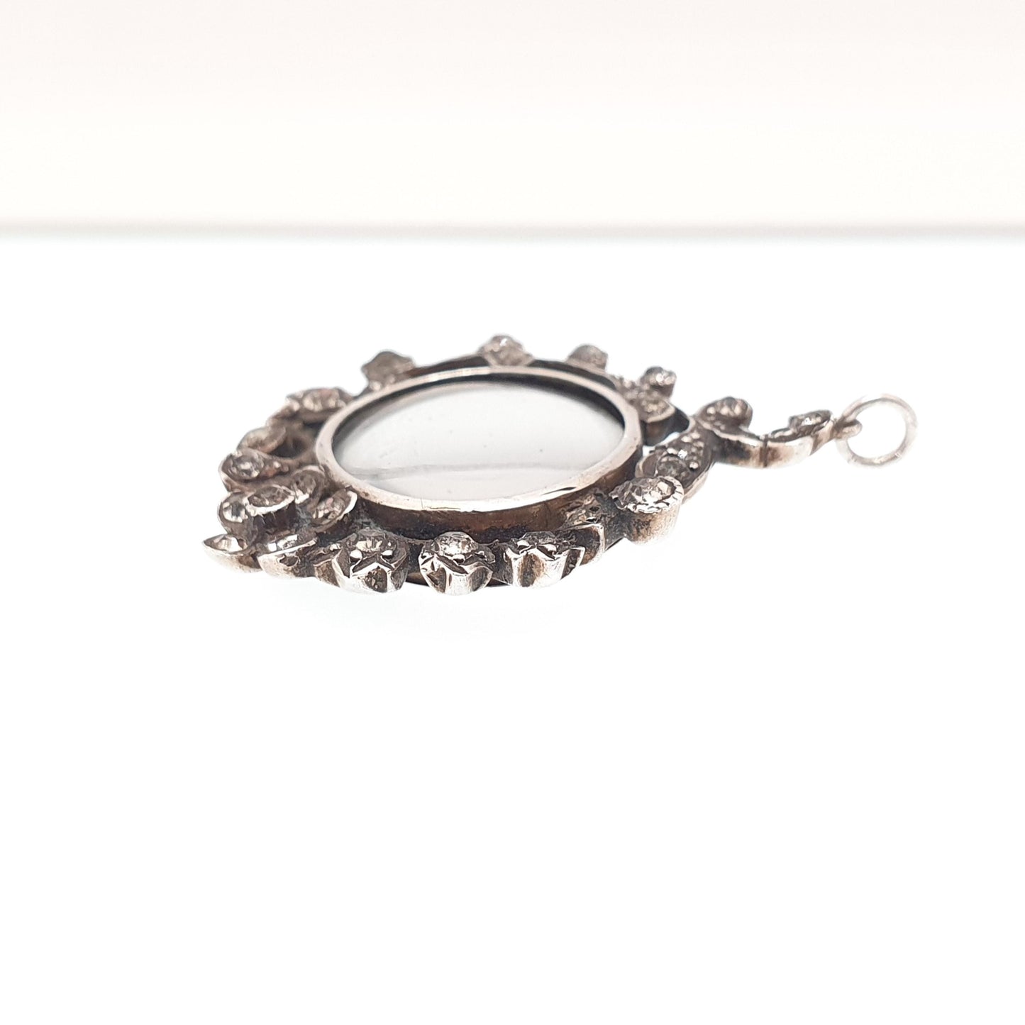 Antique Diamond Paste Solid Silver Locket Pendant Edwardian Necklace Picture Photo Flower Vintage Jewelry Jewellery