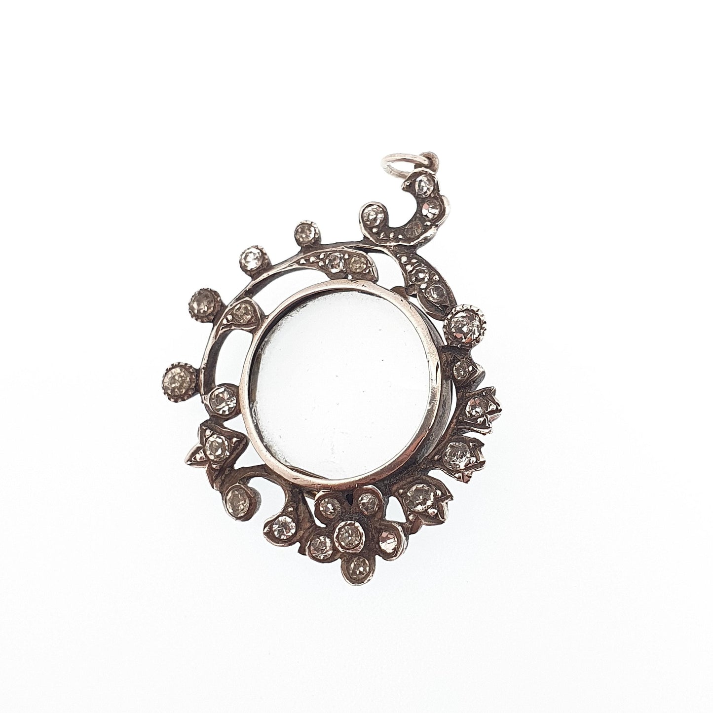 Antique Diamond Paste Solid Silver Locket Pendant Edwardian Necklace Picture Photo Flower Vintage Jewelry Jewellery