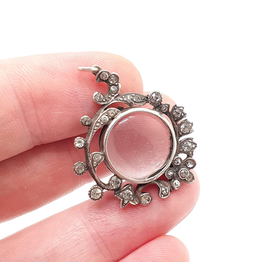 Antique Diamond Paste Solid Silver Locket Pendant Edwardian Necklace Picture Photo Flower Vintage Jewelry Jewellery