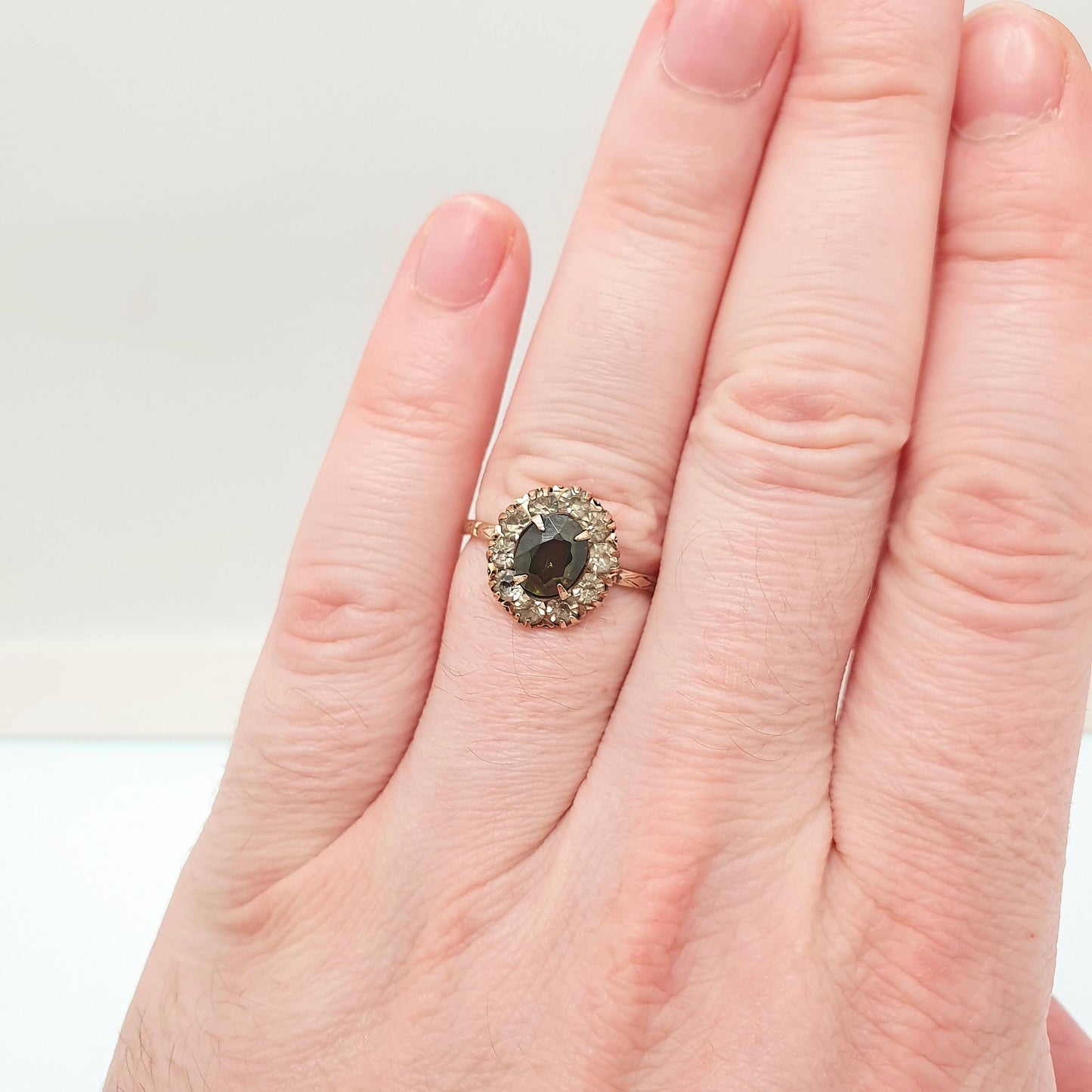 Antique Rolled Gold Peridot Paste Ring Victorian Olivine Tone Diamond Pastes Cluster Halo Filled Jewelry Jewellery